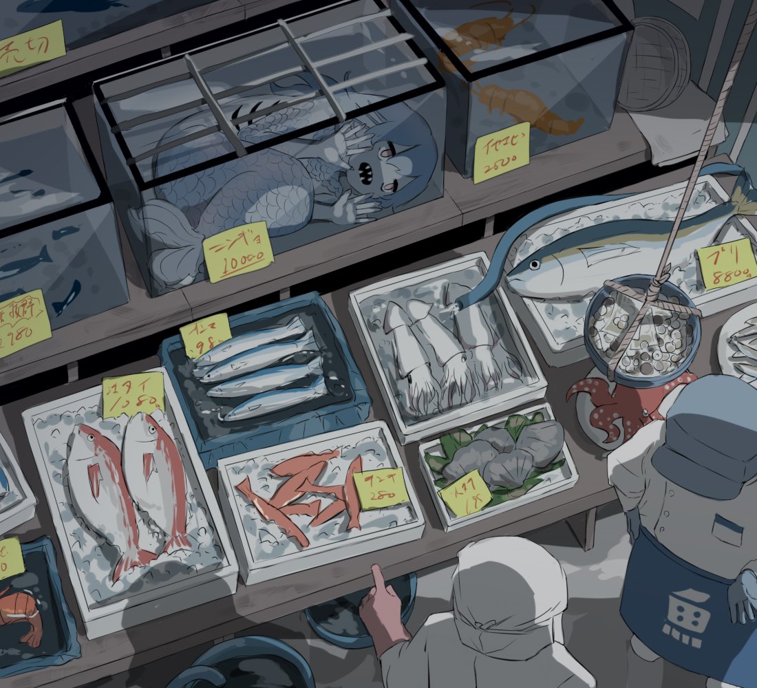 1girl, against_glass, avogado6, clam, fish, fish_tank, hose, mackerel_(fish)
