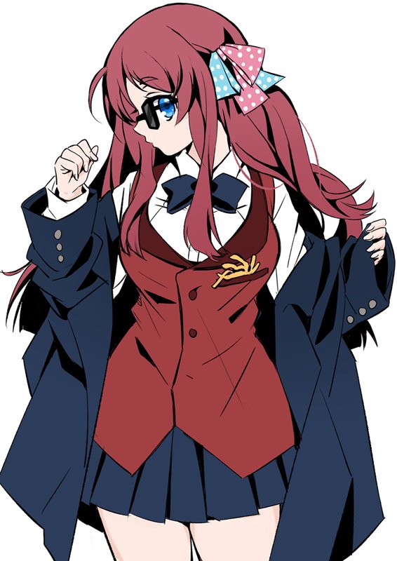 1girl, ahoge, black_jacket, black_skirt, blue_eyes, bow, bowtie, breasts