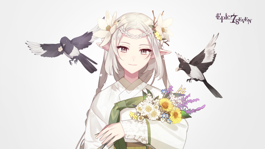 1girl, bangs, bird, bouquet, braid, closed_mouth, copyright_name, elf