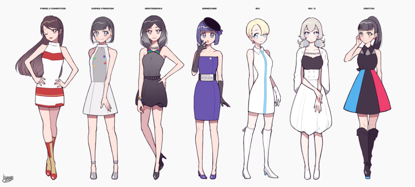 6+girls, arm_behind_back, bangs, black_dress, black_footwear, black_gloves, blonde_hair, blue_dress