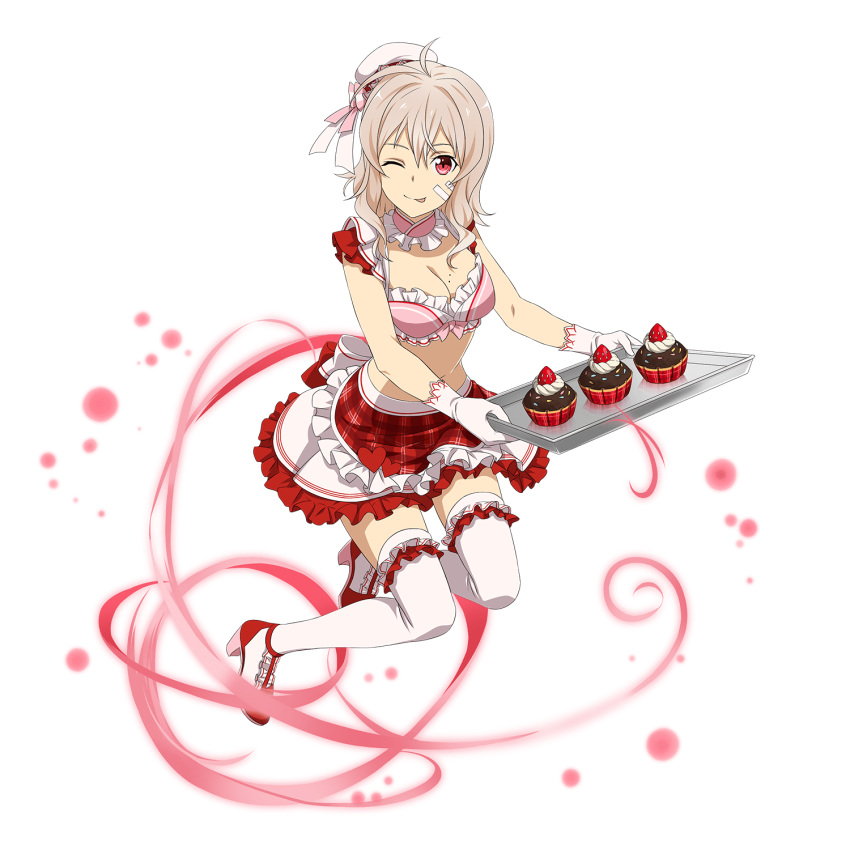 1girl, ;p, bra, breasts, choker, cleavage, cupcake, food