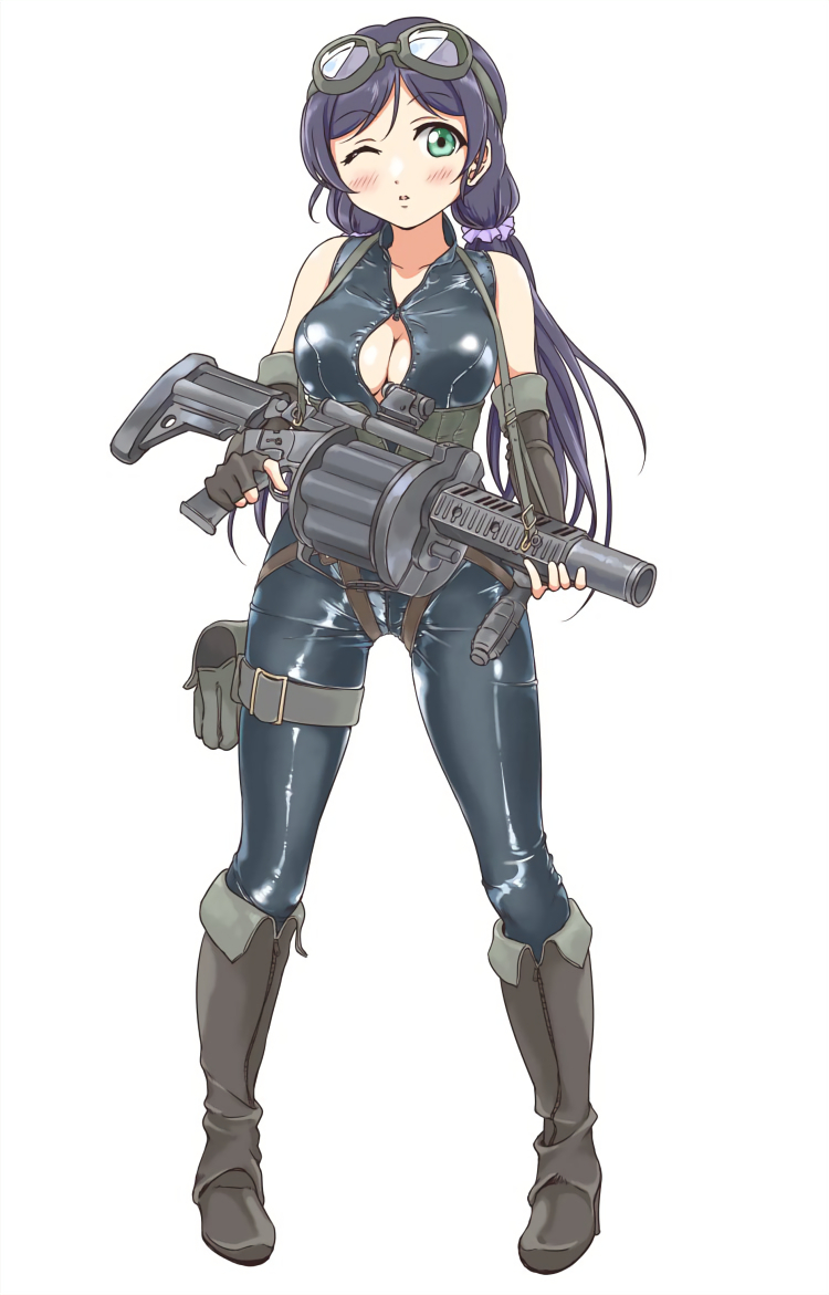 1girl, black_bodysuit, black_gloves, black_hair, blush, bodysuit, boots, breasts