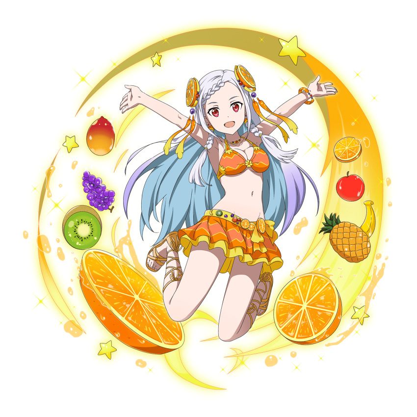 1girl, :d, armpits, arms_up, bikini_skirt, blue_hair, bracelet, braid