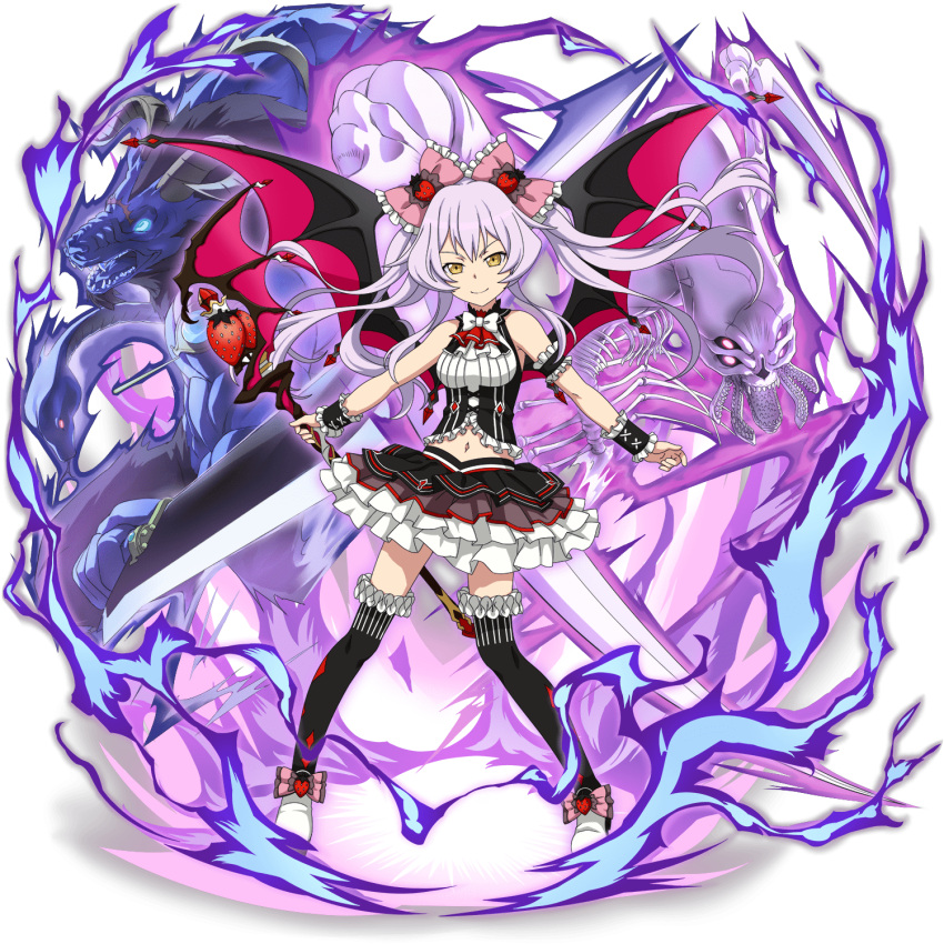 1girl, arm_strap, ascot, black_legwear, boots, bow, demon_wings, floating_hair, frilled_bow, frills, full_body, hair_bow, highres, holding, holding_staff, layered_skirt, long_hair, looking_at_viewer, midriff, miniskirt, navel, official_art, pink_bow, shiny, shiny_hair, silver_hair, skirt, sleeves, smile, solo, staff, standing, stomach, sword_art_online, the_gleam_eyes, the_skull_reaper, thigh-highs, thokk_(sao), twintails, very_long_hair, white_bow, white_footwear, wings, wrist_cuffs, yellow_eyes, zettai_ryouiki
