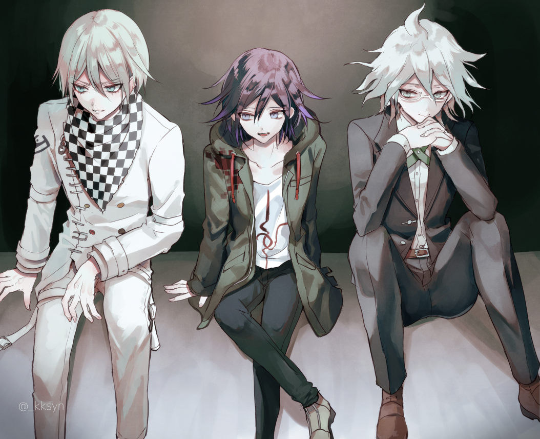3boys, belt, black_jacket, black_pants, blue_eyes, brown_coat, brown_footwear, checkered, checkered_neckwear, coat, dangan_ronpa, dress_shirt, eyebrows_visible_through_hair, glasses, group_cosplay, hair_between_eyes, hands_together, hood, hood_down, hooded_coat, interlocked_fingers, jacket, komaeda_nagito, legs_crossed, long_sleeves, male_focus, multiple_boys, open_clothes, open_coat, open_mouth, ouma_kokichi, pants, purple_hair, sakuyu, semi-rimless_eyewear, shiny, shiny_hair, shirt, silver_hair, togami_byakuya, twitter_username, under-rim_eyewear, violet_eyes, white-framed_eyewear, white_jacket, white_pants, white_shirt