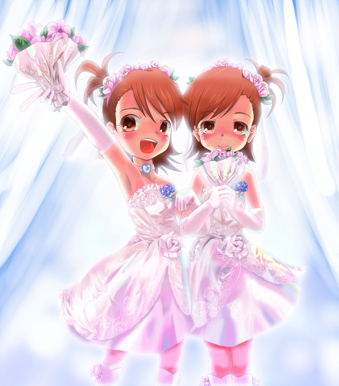 ami_futami, blush, boots, dress, elbow_gloves, flat_chest, flower, futami_ami, futami_mami, highres, idolmaster, kishi_nisen, loli, mami_futami, siblings, sisters, the_idolm@ster, twins, wedding_dress