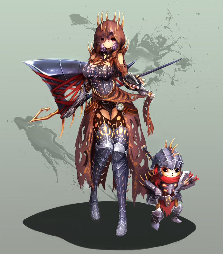 1girl, armor, axe, breasts, felyne, highres, hood, large_breasts