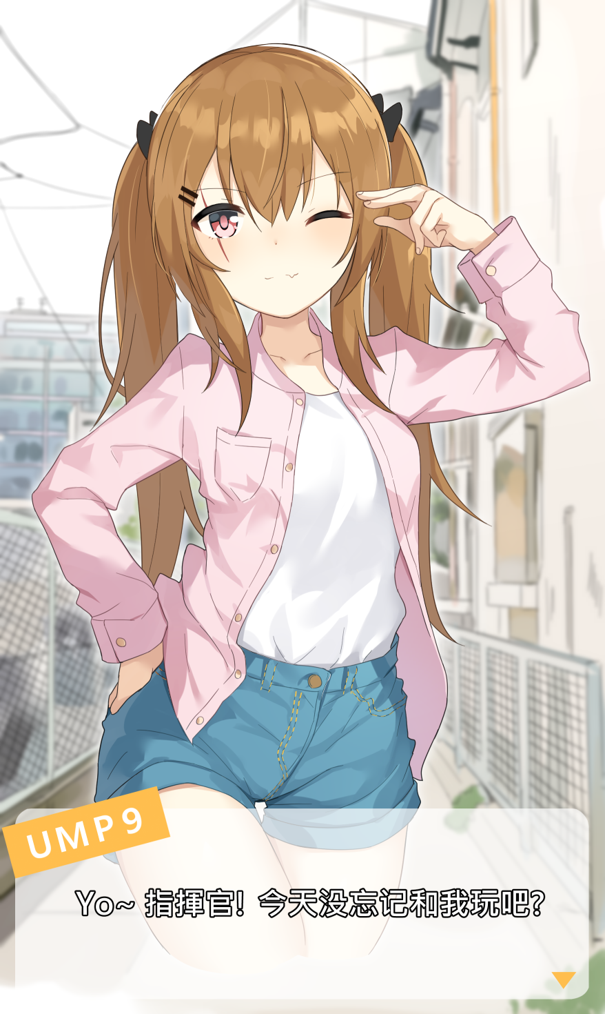 1girl, bangs, blue_shorts, blush, breasts, brown_hair, casual, copiz