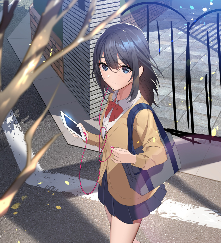 1girl, absurdres, bag, bare_tree, black_hair, black_skirt, blazer, blue_eyes