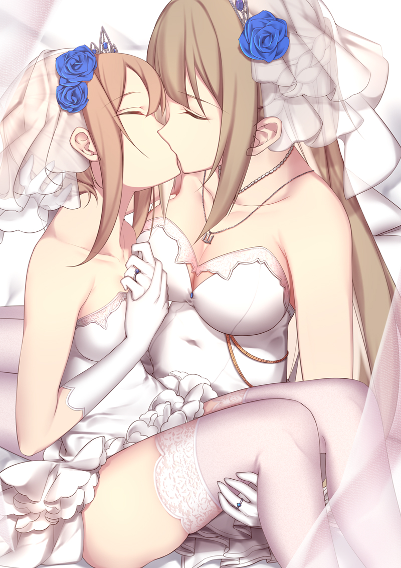 2girls, blonde_hair, breasts, bridal_veil, bride, carrying, cleavage, closed_eyes