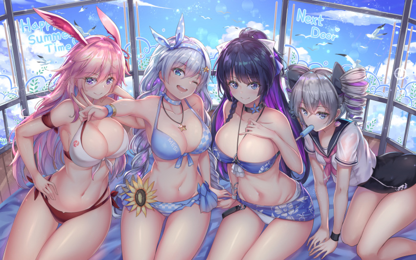 4girls, all_fours, alternate_costume, animal_ears, armband, bangle, bangs, bare_shoulders