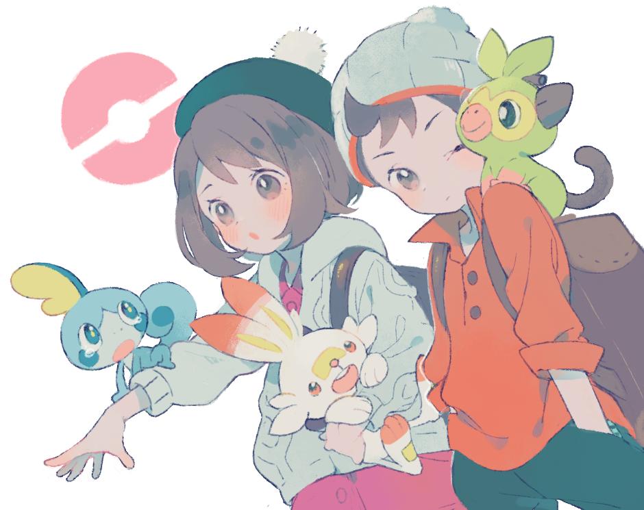 1boy, 1girl, backpack, bag, beanie, blush, brown_eyes, brown_hair