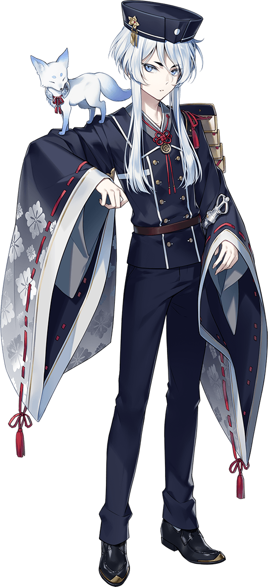 1boy, animal, armor, belt, blue_eyes, fox, full_body, hakusan_yoshimitsu