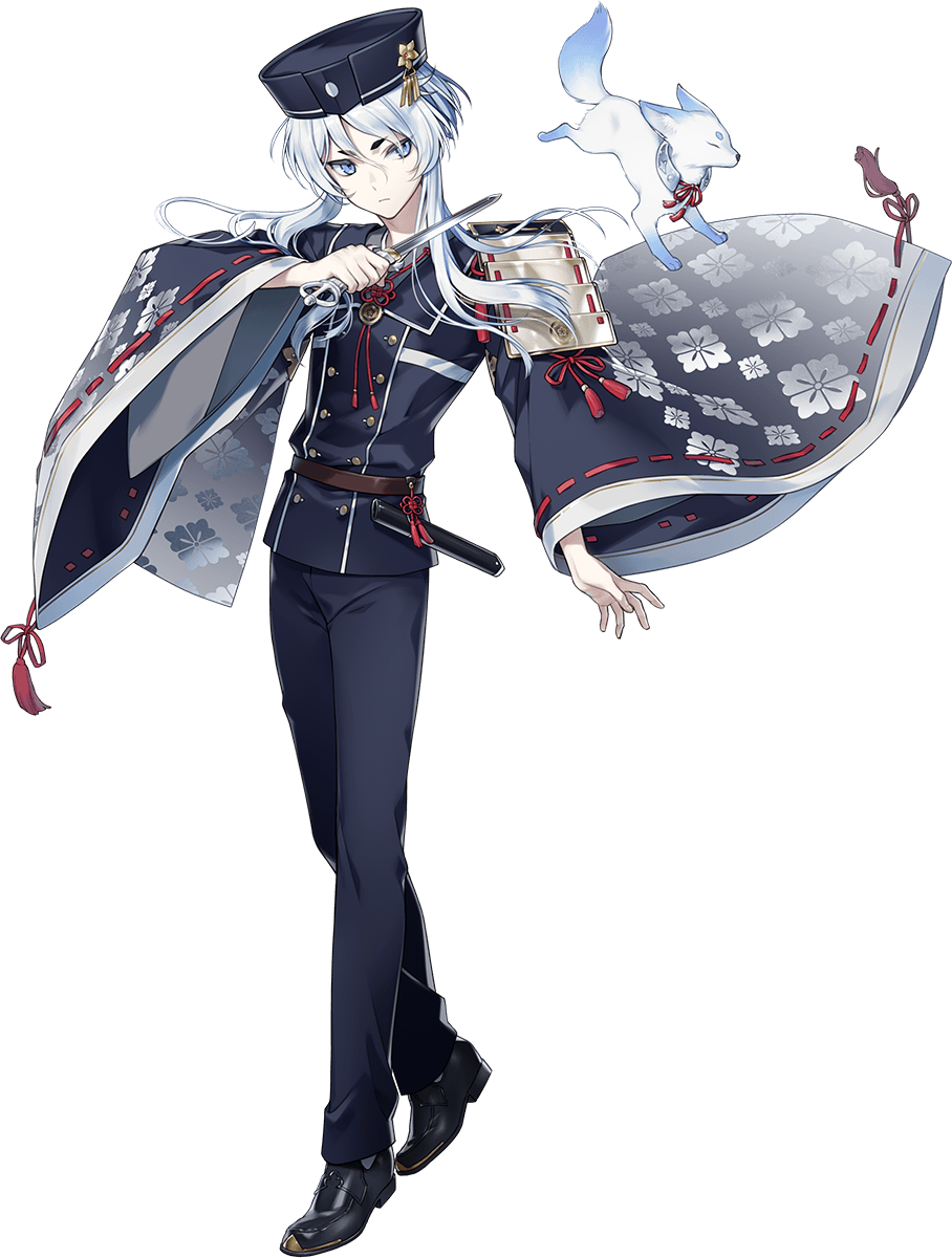 1boy, armor, belt, blue_eyes, fox, full_body, hakusan_yoshimitsu, hakusan_yoshimitsu's_fox, hat, highres, japanese_armor, male_focus, military, military_uniform, nekokan_masshigura, official_art, sheath, short_hair_with_long_locks, shoulder_armor, sode, touken_ranbu, transparent_background, uniform, weapon, white_hair, wide_sleeves