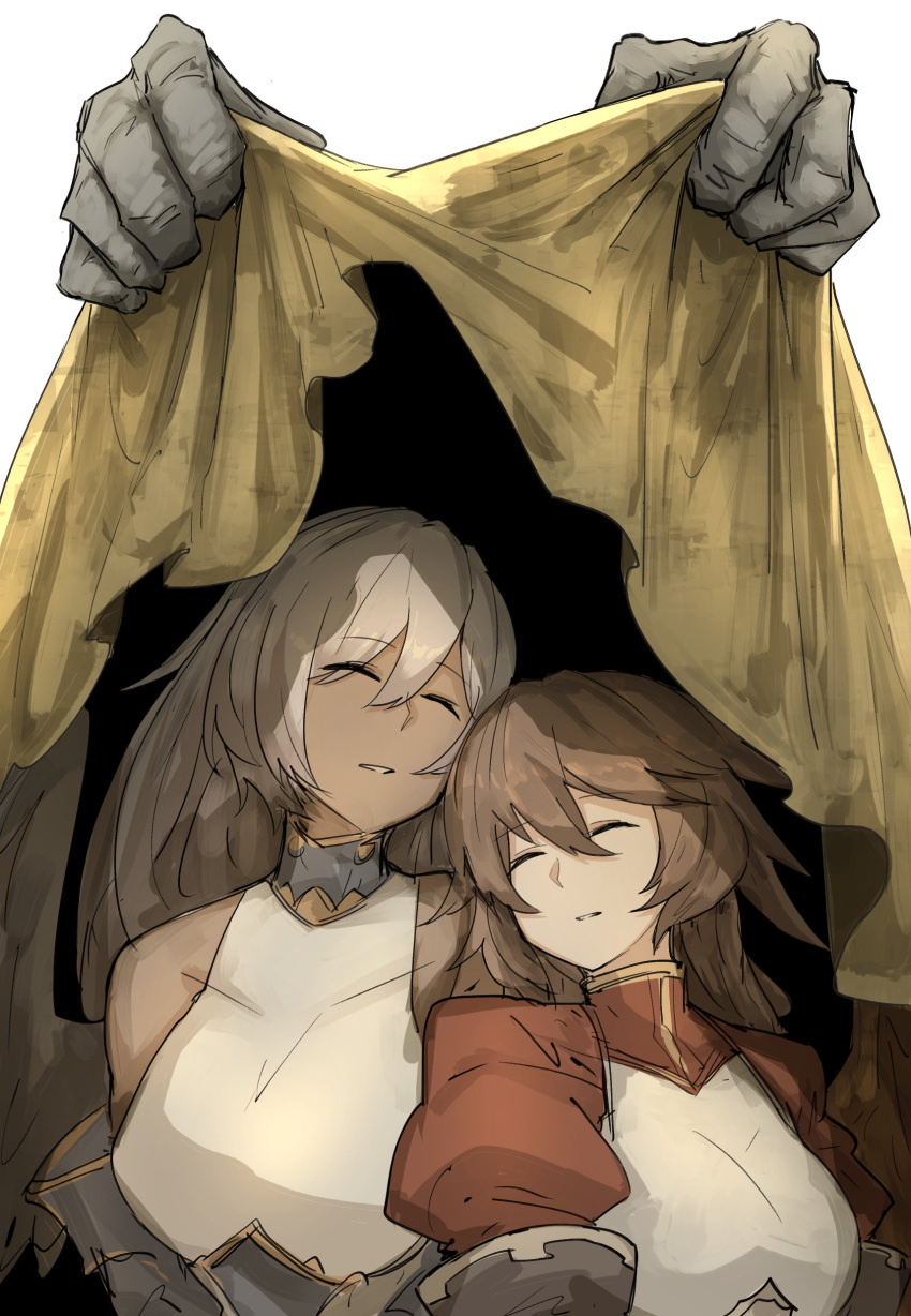 2girls, absurdres, angel_wings, azrael_(granblue_fantasy), bare_shoulders, breasts, brown_hair, closed_eyes
