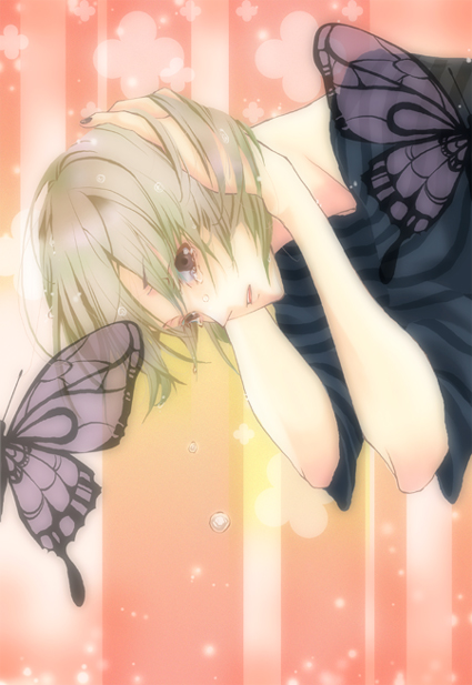 brown_eyes, butterflies, butterfly, kuduq, open_mouth, short_hair, tears
