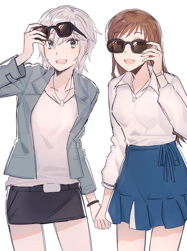 14_(vision5032), 2girls, :d, anastasia_(idolmaster), arm_at_side, arm_up, black-framed_eyewear, black_skirt