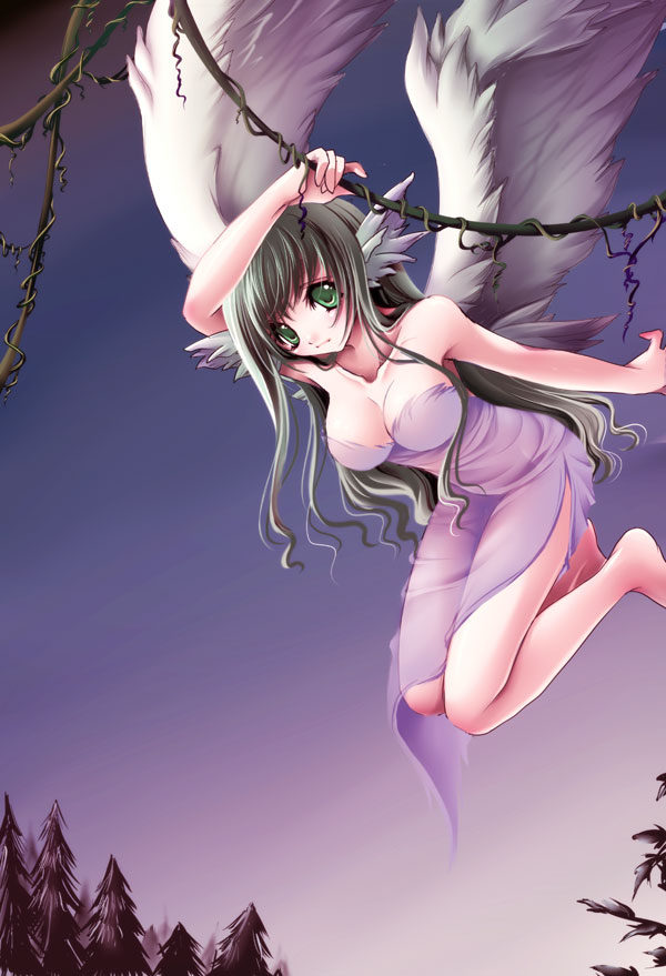 cleavage, dress, green_eyes, long_hair, silver_hair, tree, trees, uni_(uniuni5)