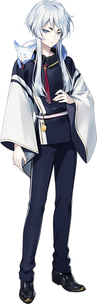 1boy, animal, animal_on_shoulder, blue_eyes, fox, full_body, hakusan_yoshimitsu, hakusan_yoshimitsu's_fox