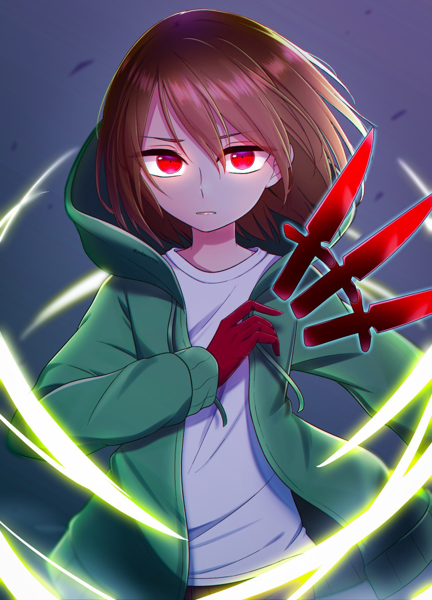 1other, alternate_universe, artist_request, brown_hair, chara_(storyshift), chara_(undertale), commentary_request, eyebrows_visible_through_hair, eyelashes, gloves, green_hoodie, highres, hood, hoodie, knife, long_sleeves, looking_at_viewer, magic, open_clothes, open_hoodie, red_eyes, red_gloves, shirt, short_hair, solo, storyshift, undertale, white_shirt