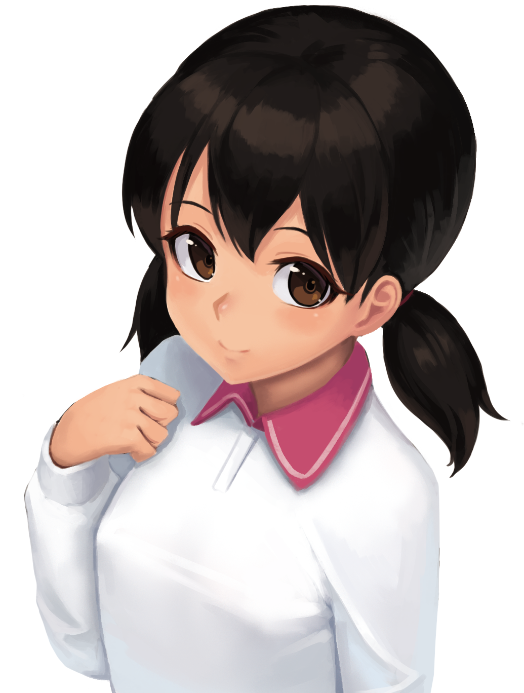 1girl, bangs, black_hair, blush, breasts, brown_eyes, closed_mouth, collared_shirt