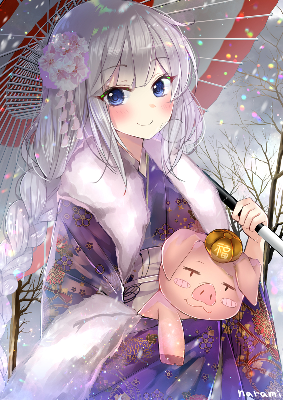 1girl, :3, animal, artist_name, bare_tree, blue_eyes, blush, blush_stickers