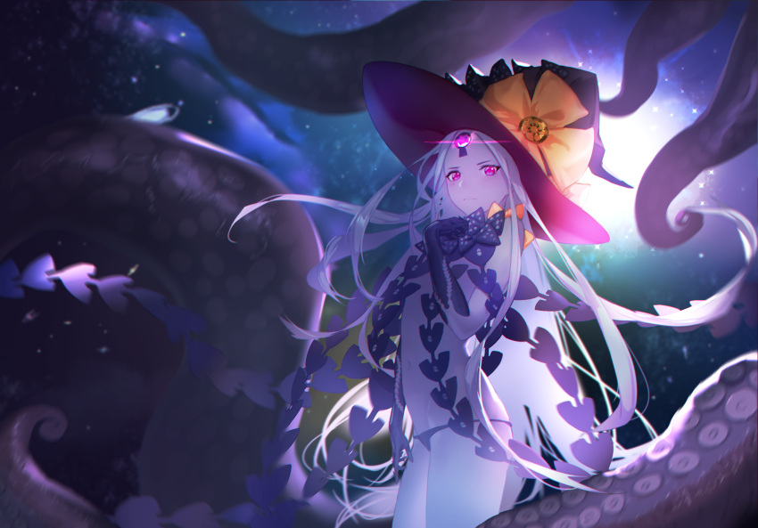 1girl, abigail_williams_(fate/grand_order), absurdres, backlighting, bangs, bare_shoulders, black_bow, black_hat