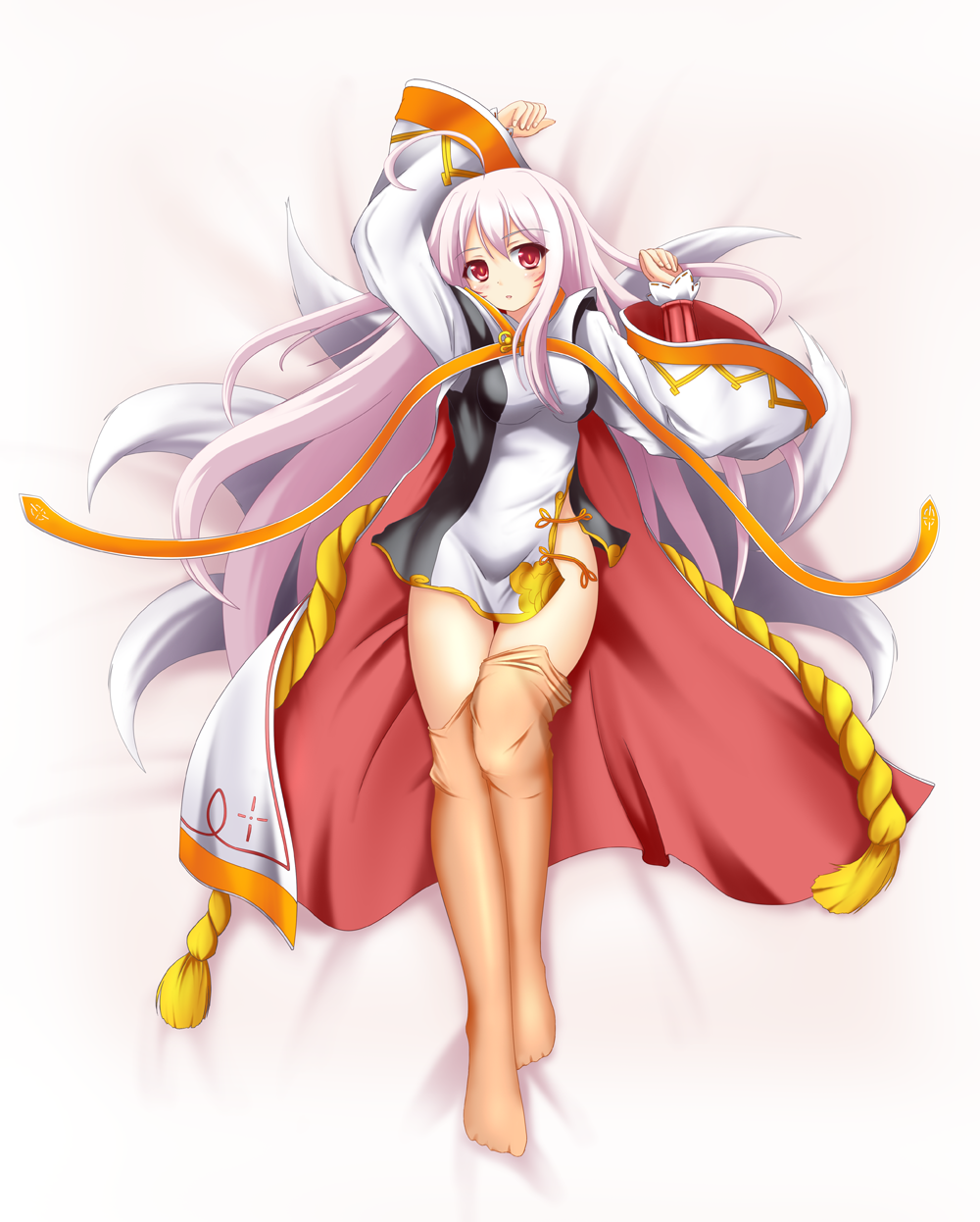 1girl, ahoge, ara_han, ara_han_(celestial_fox), bangs, bed_sheet, blush, brown_legwear