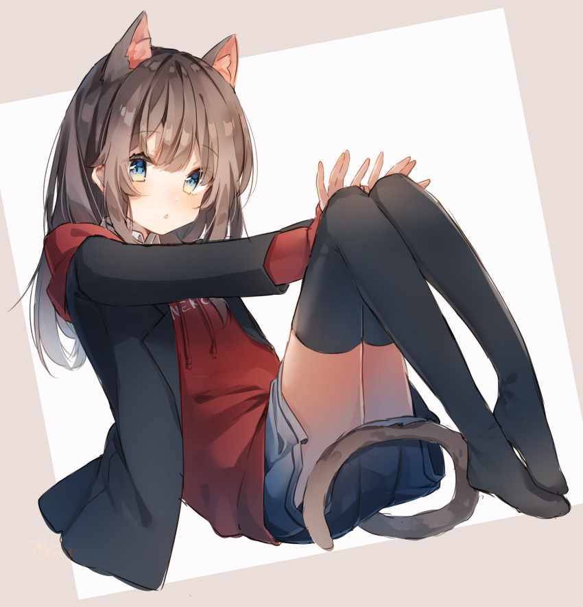 1girl, :o, absurdres, animal_ears, black_jacket, black_legwear, black_skirt, blazer, blue_eyes, blush, brown_hair, cat_ears, cat_girl, cat_tail, clothes_writing, drawstring, full_body, heripiro, highres, hood, hood_down, hoodie, jacket, knees_up, long_hair, looking_at_viewer, miniskirt, no_shoes, open_clothes, open_jacket, original, parted_lips, pleated_skirt, reclining, sidelocks, skirt, solo, tail, thigh-highs, wing_collar