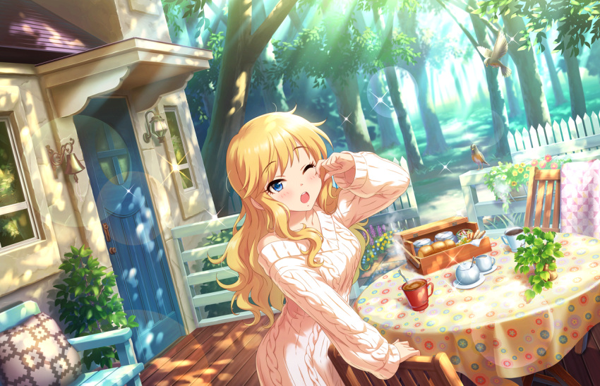 1girl, aran_sweater, arm_up, artist_request, bangs, bell, bench, bird, blonde_hair, blue_eyes, blush, bread, breasts, chair, coffee, coffee_mug, collarbone, cup, day, deck, door, dutch_angle, eyebrows_visible_through_hair, fence, flower, food, hand_up, house, idolmaster, idolmaster_cinderella_girls, idolmaster_cinderella_girls_starlight_stage, lens_flare, light_rays, long_hair, long_sleeves, looking_at_viewer, medium_breasts, mug, off_shoulder, official_art, one_eye_closed, ootsuki_yui, open_mouth, outdoors, picket_fence, pillow, plant, potted_plant, ribbed_sweater, robin_(animal), solo, sparkle, standing, sunbeam, sunlight, sweater, swept_bangs, table, tablecloth, tree, upper_teeth, white_sweater, wooden_fence, yawning