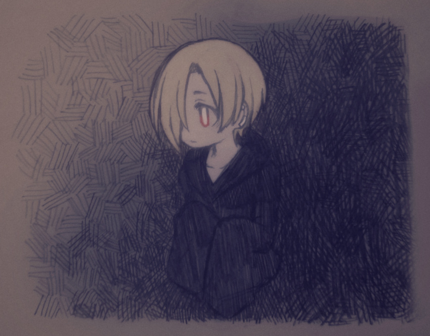 1girl, blonde_hair, collarbone, cropped_torso, ear_piercing, expressionless, hair_over_one_eye, hood