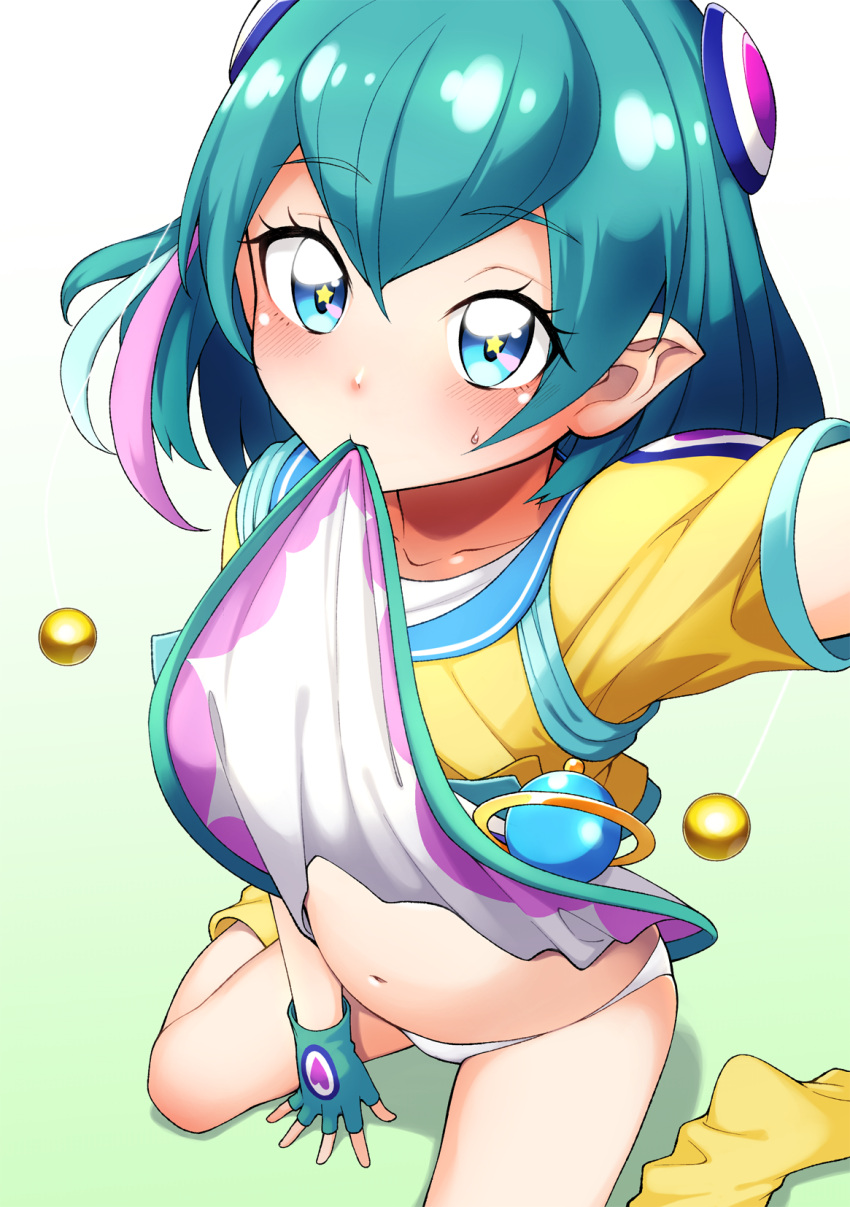 1girl, blue_eyes, blue_gloves, blue_hair, blush, collarbone, dress, dress_lift, fingerless_gloves, from_above, gloves, gradient, gradient_background, green_background, hagoromo_lala, hairpods, hayashi_keita, highres, jacket, kneeling, lifted_by_self, light_blue_hair, looking_at_viewer, mouth_hold, multicolored_hair, navel, panties, pink_hair, pointy_ears, precure, shiny, shiny_skin, short_hair, sitting, skirt_hold, socks, solo, star, star_in_eye, star_twinkle_precure, streaked_hair, symbol_in_eye, two-tone_hair, underwear, wariza, white_background, white_dress, white_panties, yellow_footwear, yellow_jacket