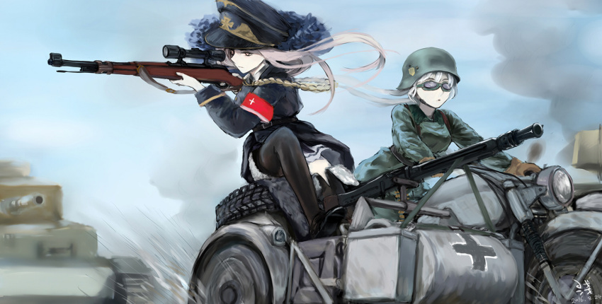 2girls, aiming, bolt_action, girls_frontline, goocn, ground_vehicle, gun, hat