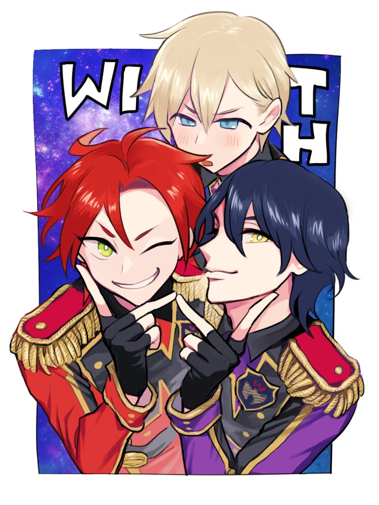 3boys, blonde_hair, blue_eyes, blue_hair, blush, epaulettes, fang, fingerless_gloves