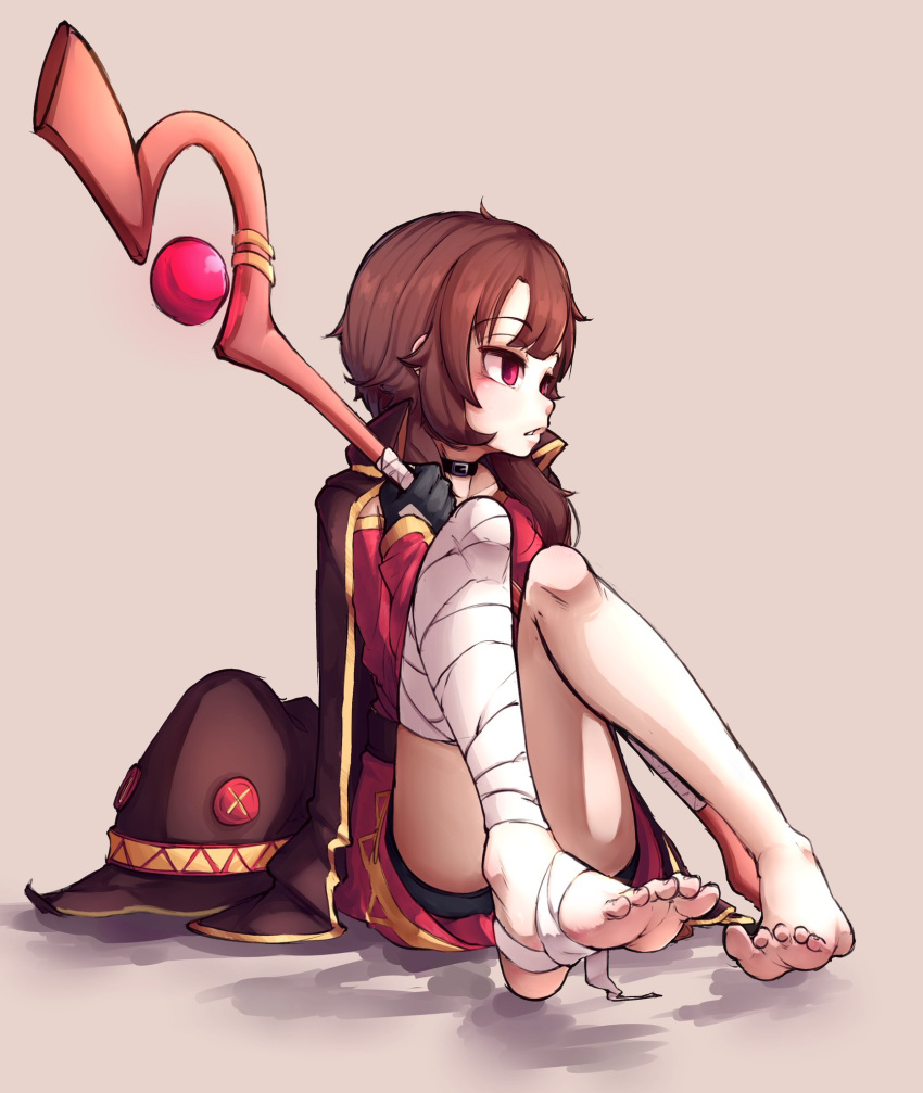 1girl, bandage, bandaged_leg, bandages, barefoot, belt, black_belt, black_gloves