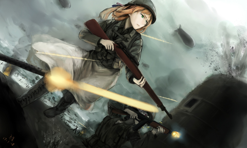 2girls, aircraft, artillery, beach, blimp, d-day, dirigible, explosion, girls_frontline, goocn, gun, helmet, highres, m1903_springfield, m1903_springfield_(girls_frontline), military, military_uniform, multiple_girls, skirt, submachine_gun, thompson_submachine_gun, uniform, weapon, world_war_ii