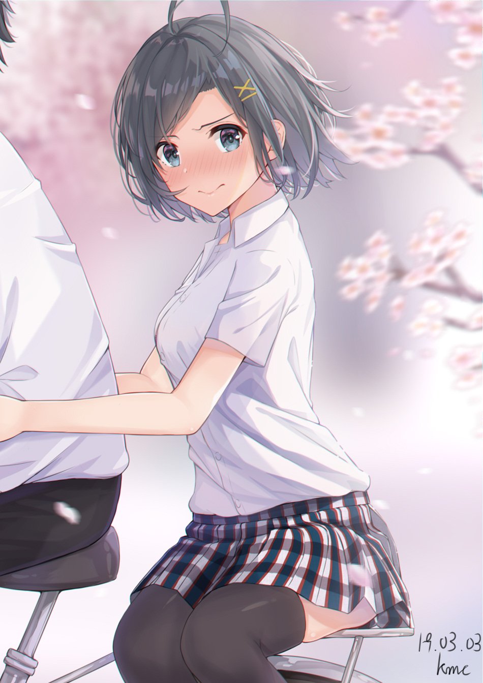 1girl, ahoge, bicycle, black_hair, blue_eyes, blush, breasts, closed_mouth, ground_vehicle, highres, hikigaya_komachi, ikkyuutensaii, looking_at_viewer, medium_breasts, multiple, plaid, plaid_skirt, riders, sakura, school_uniform, short_hair, sidesaddle, sitting, skirt, thigh-highs, yahari_ore_no_seishun_lovecome_wa_machigatteiru., zettai_ryouiki
