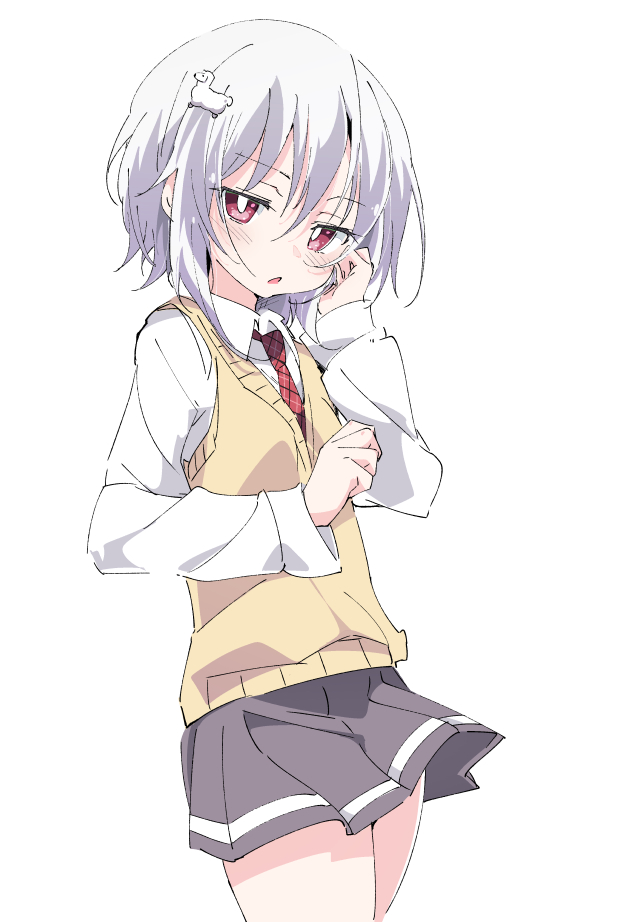 1girl, blush, cardigan, eyebrows_visible_through_hair, grey_skirt, hair_between_eyes, hair_ornament, ixy, looking_at_viewer, necktie, ore_no_nounai_sentakushi_ga_gakuen_love-comedy_wo_senryoku_de_jama_shiteru, pink_eyes, pleated_skirt, red_neckwear, school_uniform, sheep_hair_ornament, shirt, short_hair, simple_background, skirt, solo, sweater_vest, white_background, white_hair, white_shirt, yellow_cardigan, yukihira_furano