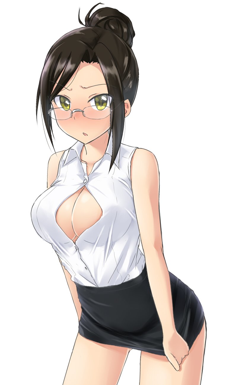 1girl, aimobake, bare_arms, bare_shoulders, black_hair, black_skirt, blush, breasts, button_gap, cleavage, collared_shirt, commentary_request, cowboy_shot, frown, furrowed_eyebrows, glasses, green_eyes, hair_bun, highres, idolmaster, idolmaster_cinderella_girls, large_breasts, long_hair, looking_at_viewer, looking_over_eyewear, miniskirt, mukai_takumi, parted_lips, pencil_skirt, rimless_eyewear, shirt, shirt_tucked_in, sidelocks, simple_background, skirt, skirt_pull, sleeveless, sleeveless_shirt, solo, standing, thighs, white_background, white_shirt