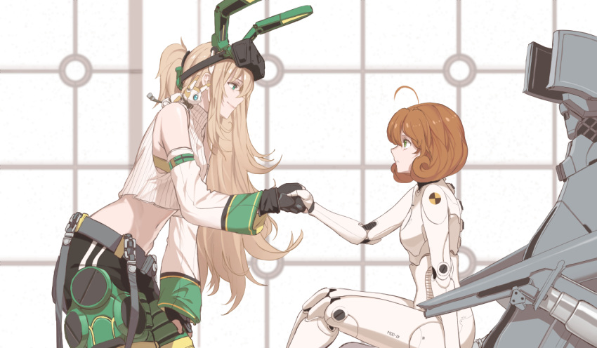2girls, ahoge, android, animal_ears, black_gloves, blonde_hair, breasts, cameron_maccloud