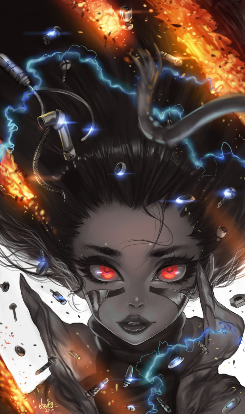 1girl, absurdres, black_hair, bolt, close-up, cyberpunk, cyborg, electricity