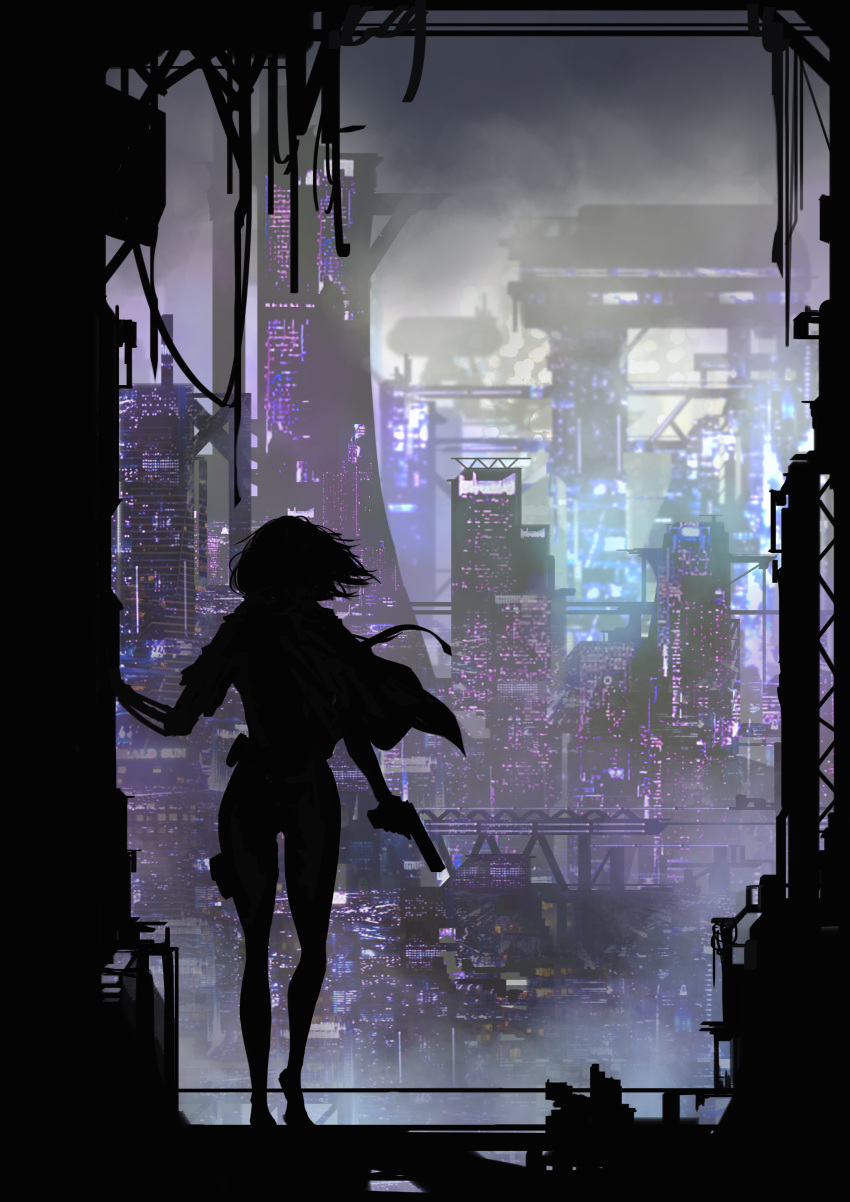 absurdres, androgynous, cae, city, cityscape, cyberpunk, facing_away, gun