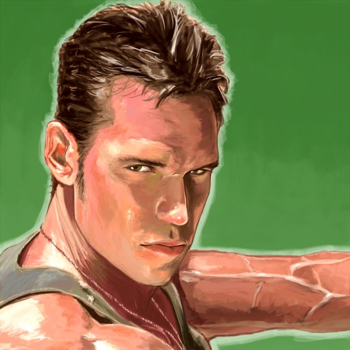 1boy, brown_hair, closed_mouth, cropped_torso, from_side, gachimuchi, green_background, jewelry