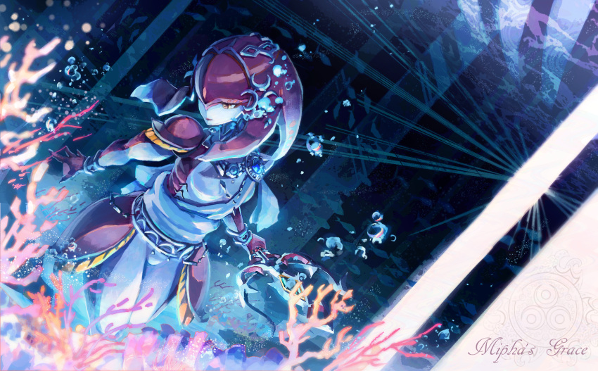 1girl, bracer, breasts, bubble, coral, crescent, fish_girl, gills