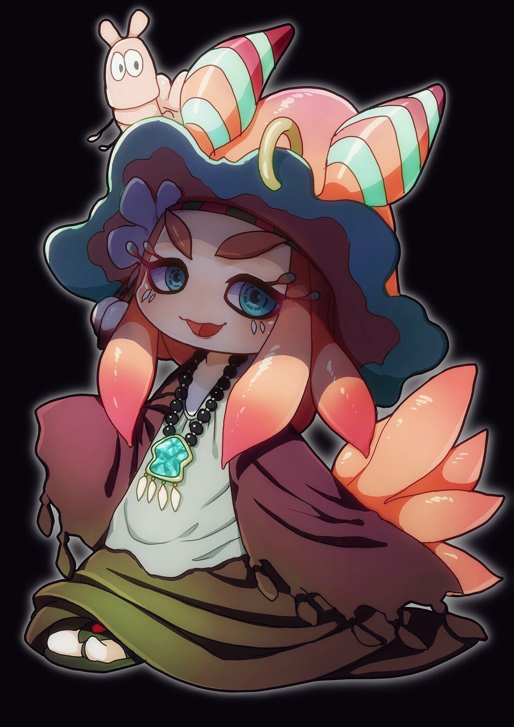 1girl, :d, antennae, bead_necklace, beads, black_background, black_footwear, blue_eyes