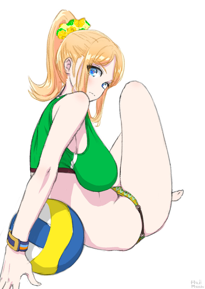 1girl, bangs, bare_shoulders, barefoot, blonde_hair, blue_eyes, breasts, hajimanabu