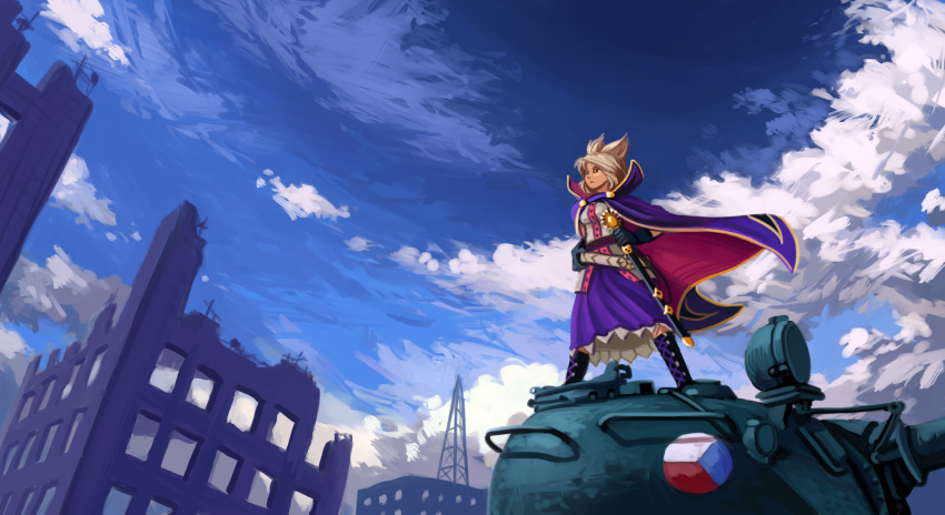 belt, blonde_hair, boots, breasts, brown_eyes, building, cape, clouds