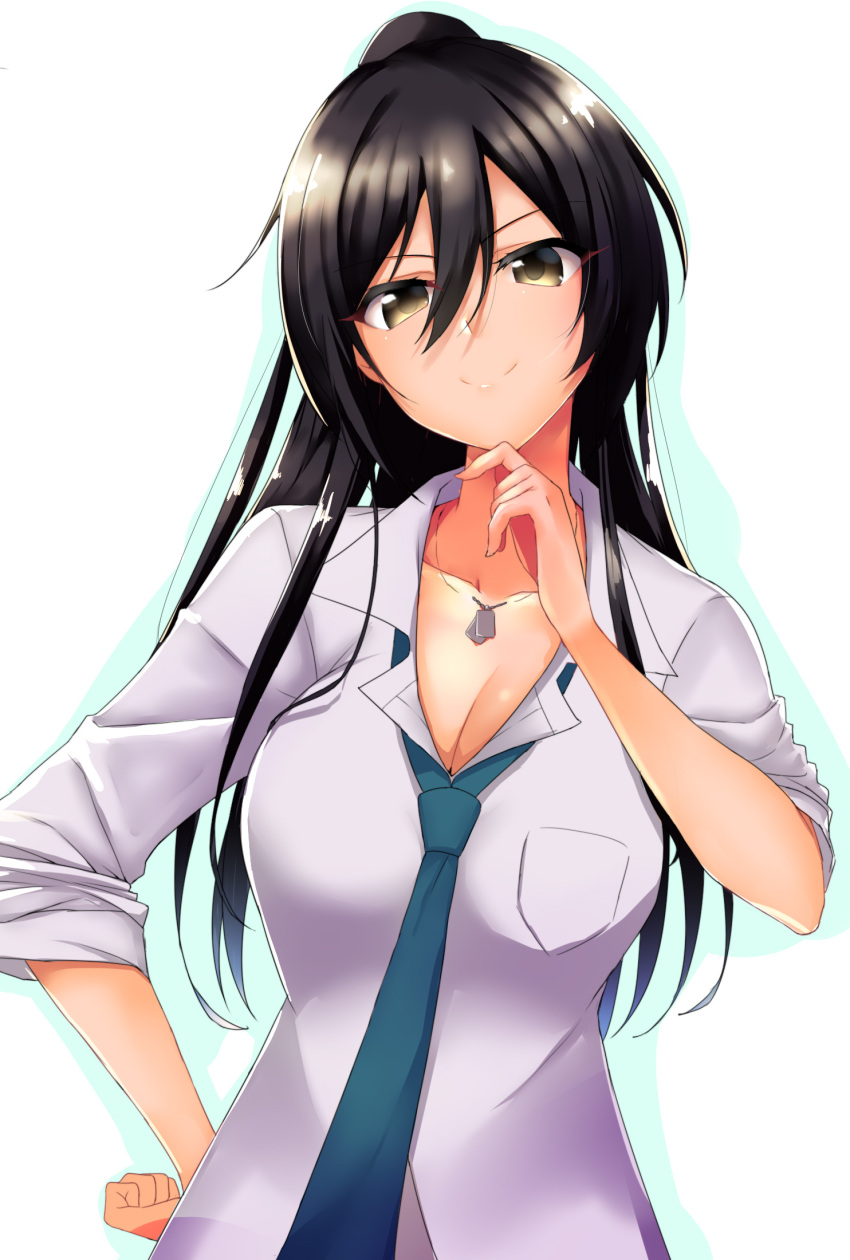 1girl, bangs, black_hair, breasts, cleavage, closed_mouth, collarbone, collared_shirt