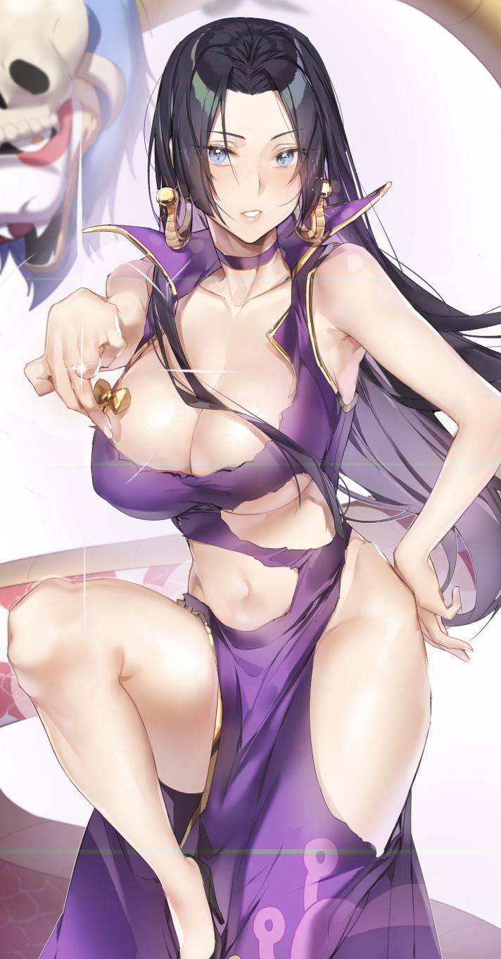 1girl, asymmetrical_underboob, bare_shoulders, black_hair, blue_eyes, boa_hancock, breasts, choker