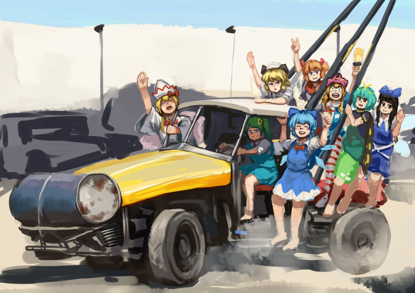 6+girls, :d, absurdres, american_flag_dress, antennae, aqua_hair, barefoot, black_dress
